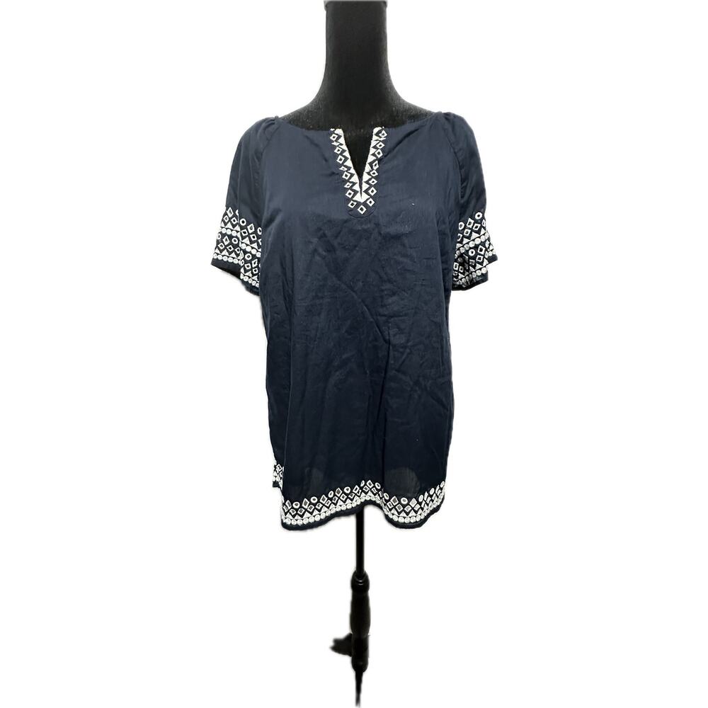 Talbots Women's Navy Blue Embroidered Tunic Top Short Sleeve Crew Neck Size‎ S
